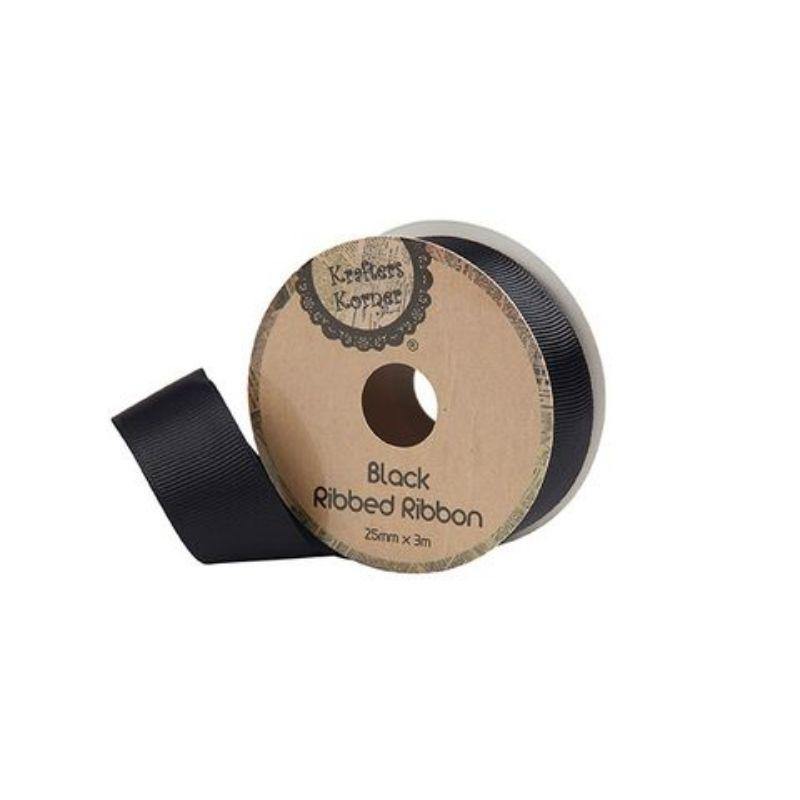 Ribbed Black Ribbon - 25mm x 3m - The Base Warehouse