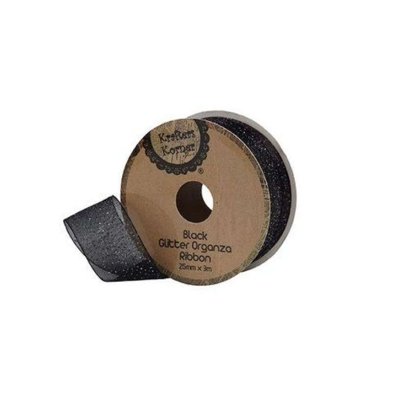 Glitter Organza Black Ribbon - 25mm x 3m - The Base Warehouse