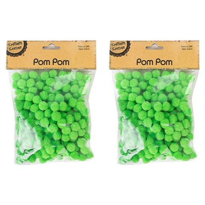 200 Pack Green Pom Poms - 1.5cm