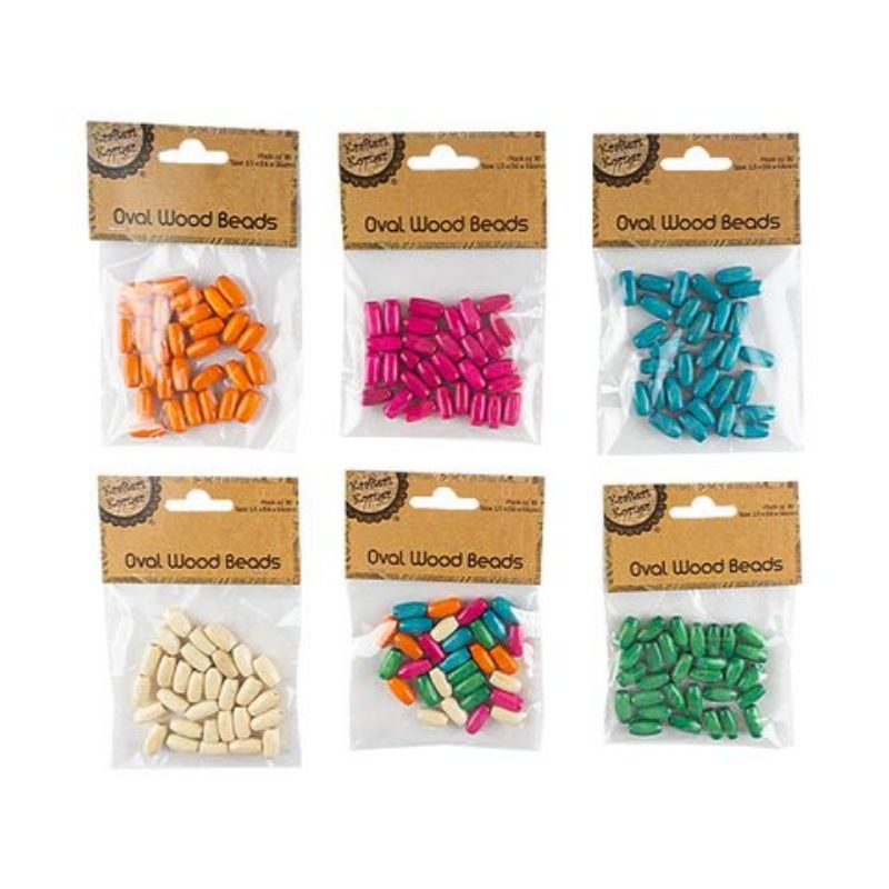 30 Pack Oval Colour Wood Beads - 1.5cm x 0.6cm