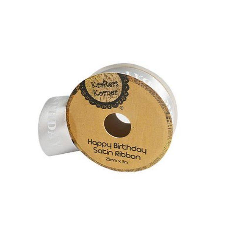 Satin Silver Happy Birthday Ribbon - 25mm x 3m - The Base Warehouse