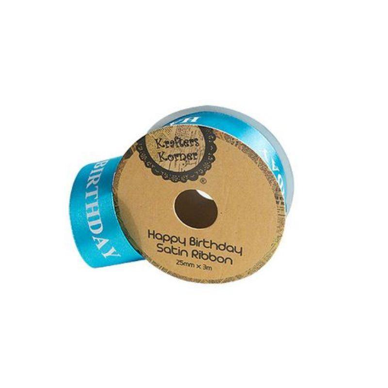 Satin Blue Happy Birthday Ribbon - 25mm x 3m