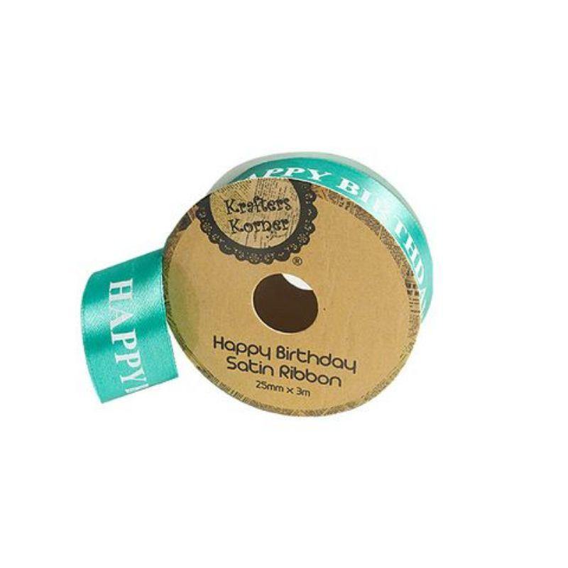 Satin Green Happy Birthday Ribbon - 25mm x 3m - The Base Warehouse