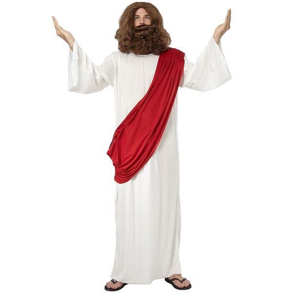 Adult White Robe Christ Figure Robe & Red Sash, Beard, Wig, Cording Crown Of Thorns 2X