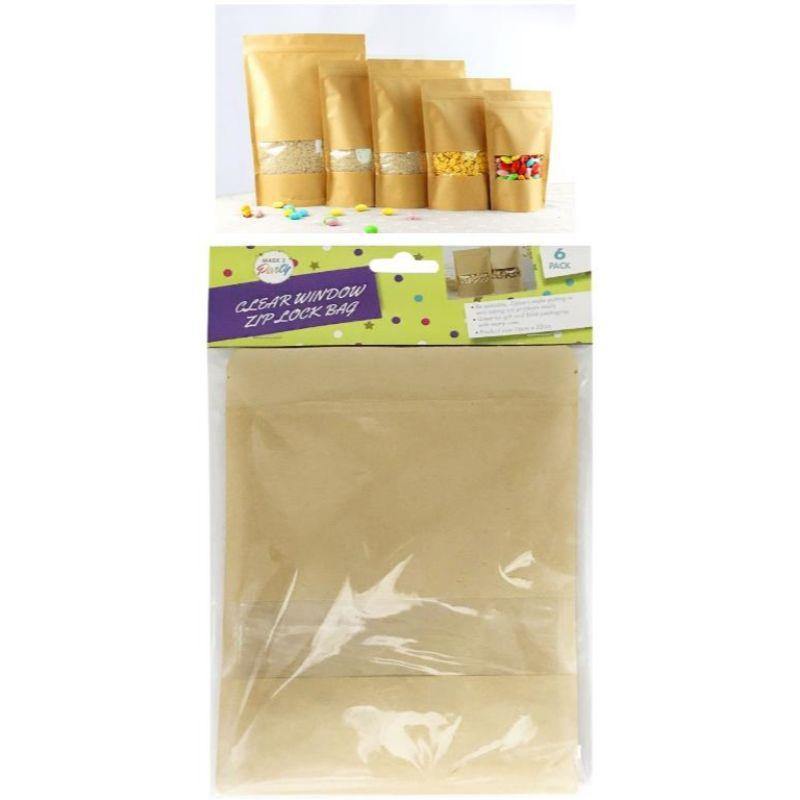 6 Pack Zip Lock Brown Bags with Clear Window - 16cm x 22cm - The Base Warehouse
