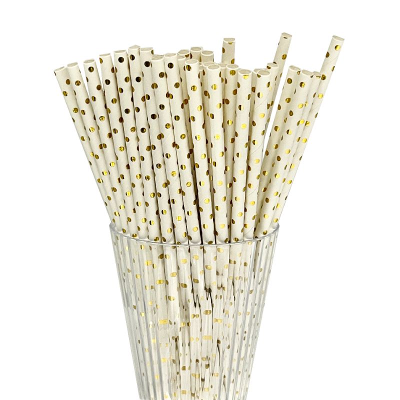 50 Pack Gold Polka Dots Paper Straws - 0.6cm x 19.7cm