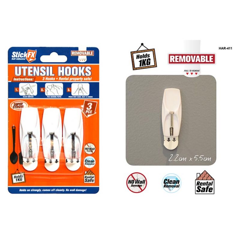 3 Pack 1kg Self-Adhesive Hooks - 5.5cm