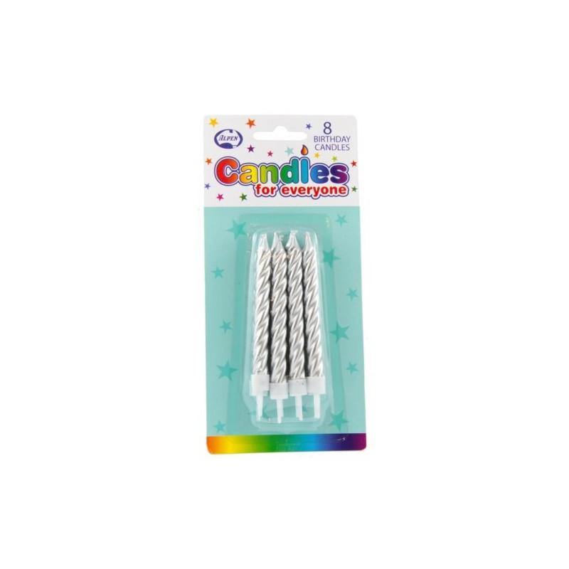 8 Pack Silver Jumbo Spiral Candles with Holders - The Base Warehouse