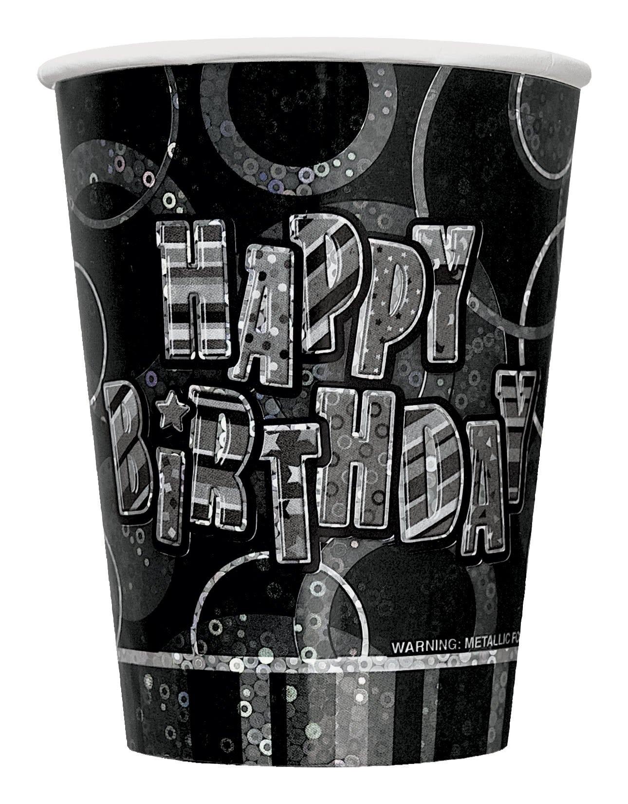 6 Pack Glitz Black Happy Birthday Paper Cups - 270ml