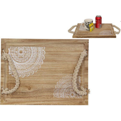 Wooden Serving Tray With Macrame Design - The Base Warehouse