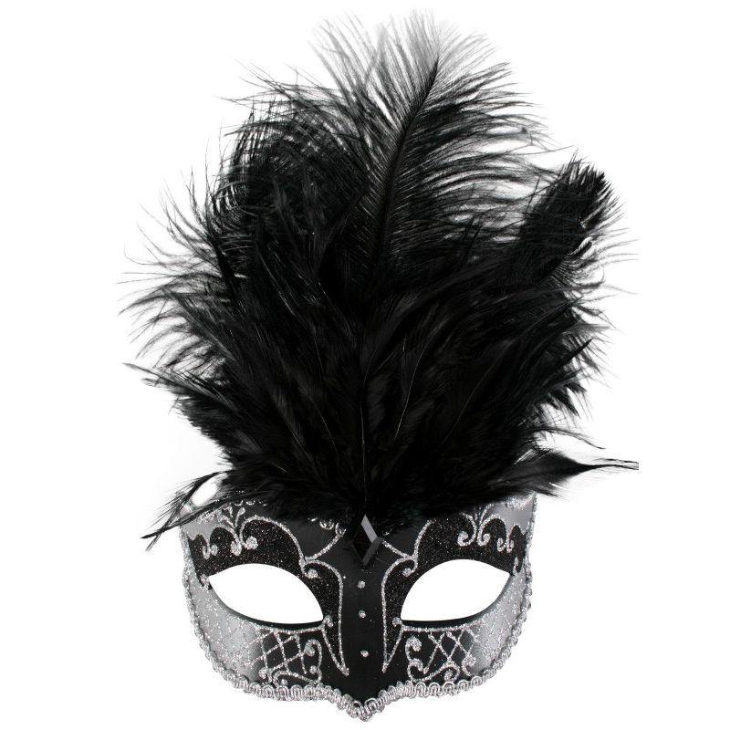 Carmela Black & Silver Eye Mask with Feathers - The Base Warehouse