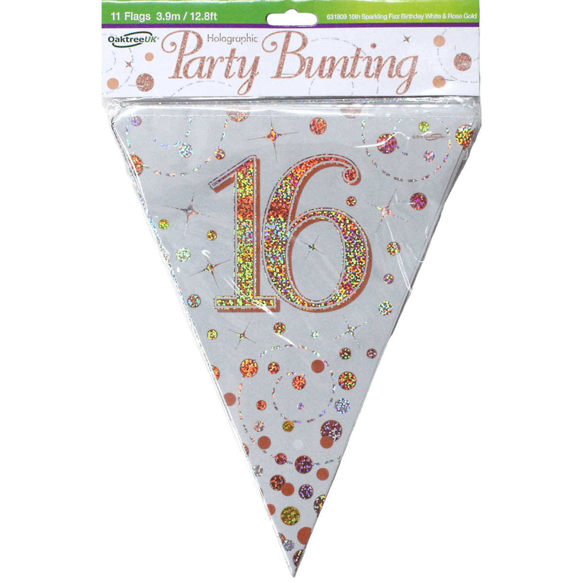 16th Birthday Sparkling Fizz Rose Gold Flag Bunting - 3.9m - The Base Warehouse