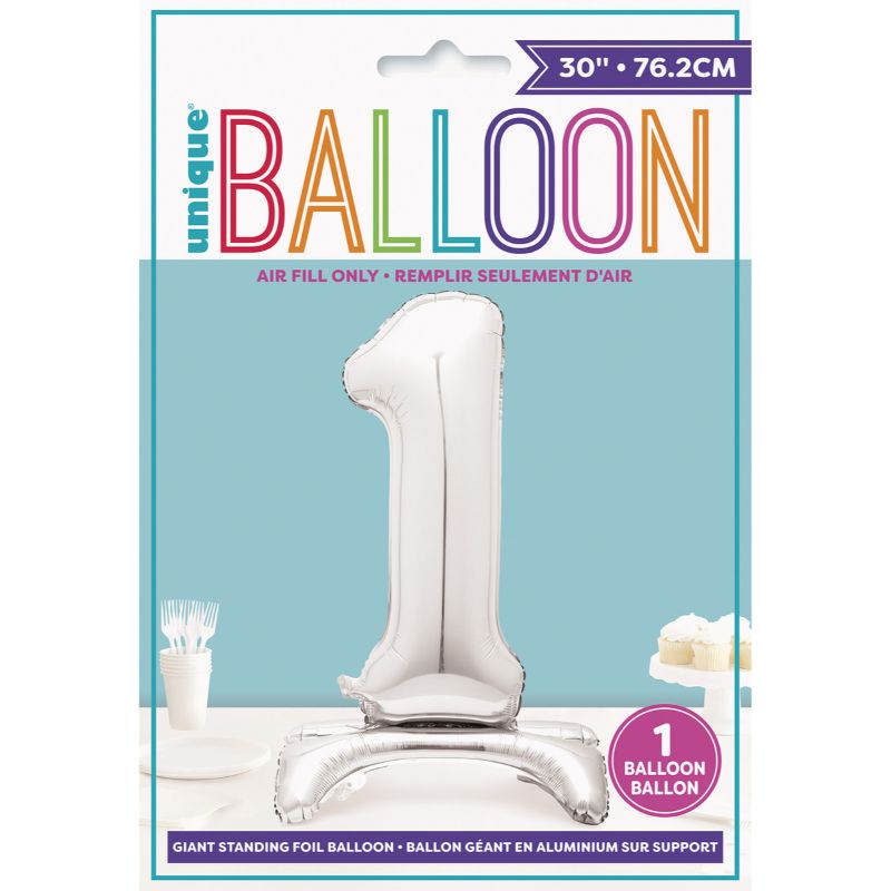 Giant Standing Silver Numberal 1 Foil Balloon - 76.2cm
