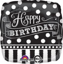 Happy Birthday Black & White Chalkboard Square Shaped Foil Balloon - 45cm - The Base Warehouse