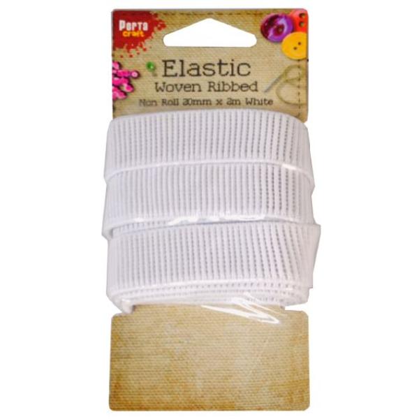 White Woven Ribbed Elastic Roll - 20mm x 2m