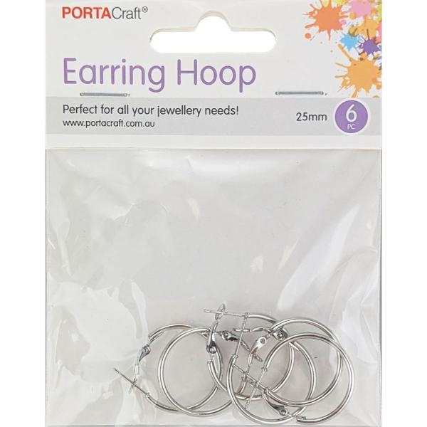 6 Pack Silver Earring Hoops - 25x2mm