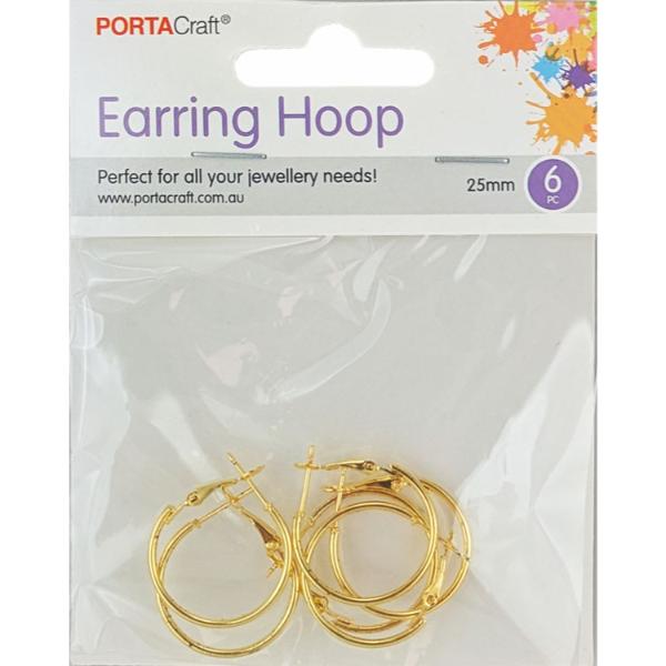 6 Pack Golden Earring Hoops - 25x2mm