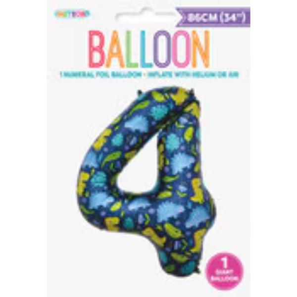 Number 4 Dino Numeral Foil Balloon - 86cm
