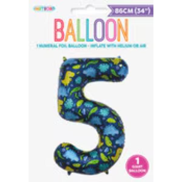 Number 5 Dino Printed Foil Balloon - 86cm
