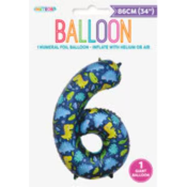 Number 6 Dino Numeral Foil Balloon - 86cm
