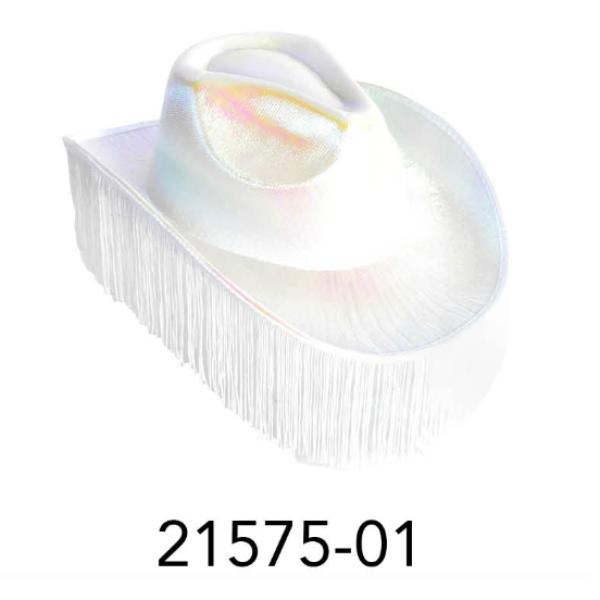 White Metallic Cowboy Hat With Fringe