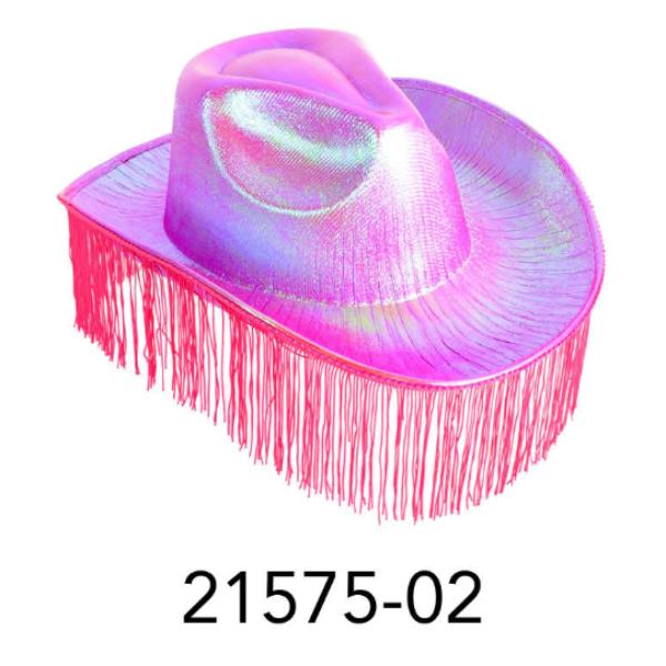 Hot Pink Metallic Cowboy Hat With Fringe