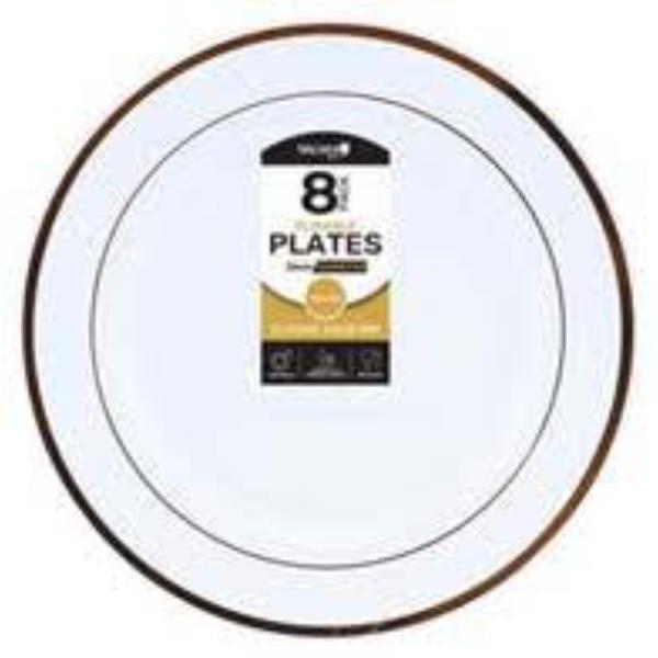 8 Pack White Reusable Plate With Gold Rim - 26cm
