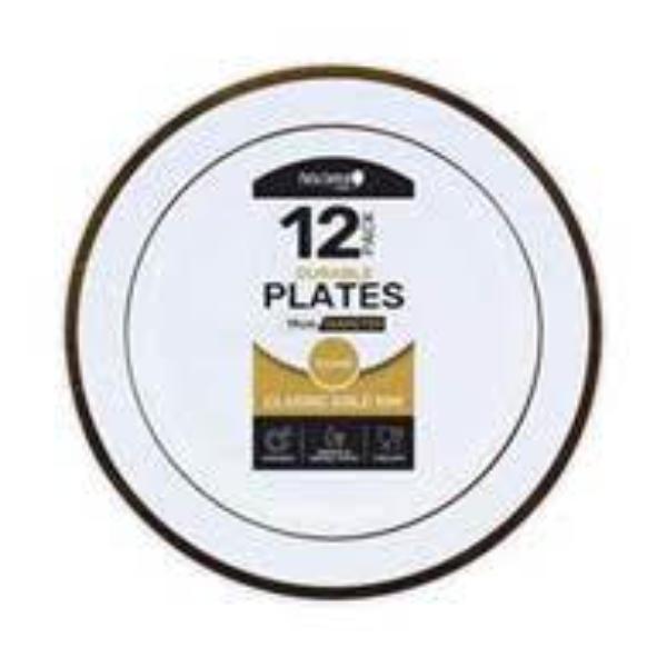 12 Pack White Reusable Plate With Gold Rim - 19cm