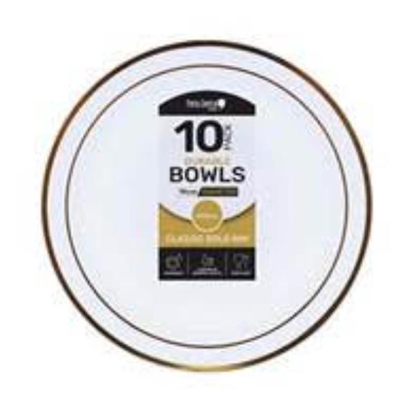 10 Pack White Reusable Bowl With Gold Rim - 19cm