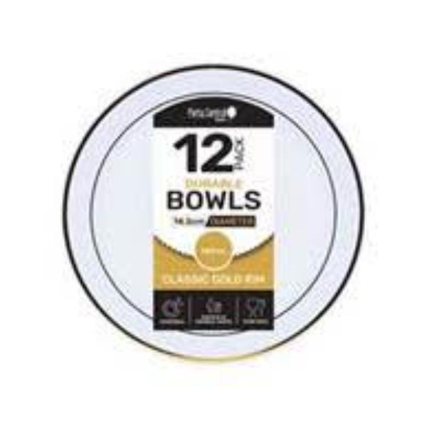 12 Pack White Reusable Bowl With Gold Rim - 14cm