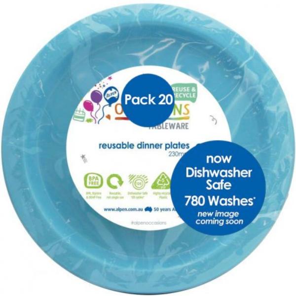 20 Pack Light Blue Reusable Dinner Plates - 23cm