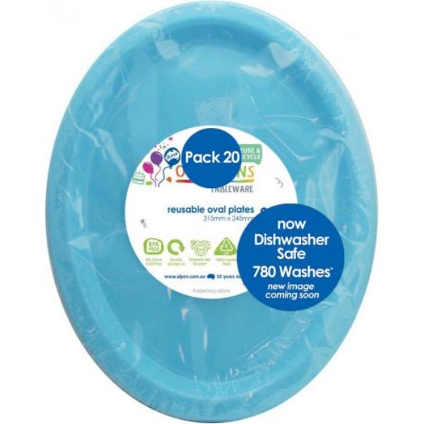 20 Pack Light Blue Reusable Oval Plates - 31.5cm x 24.5cm