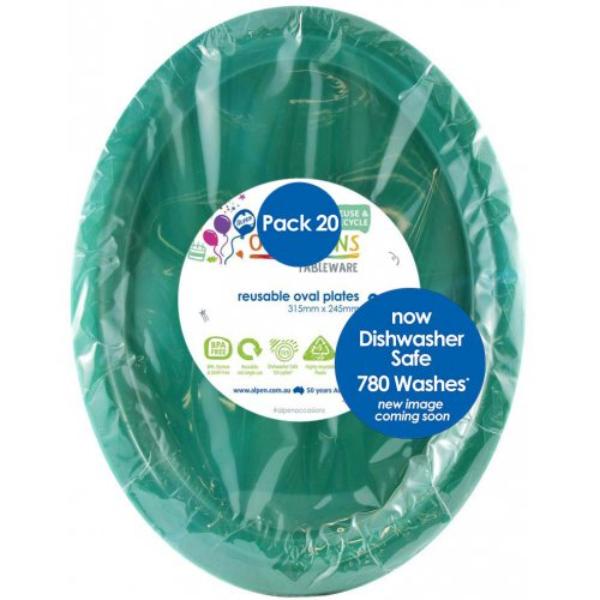 20 Pack Green Reusable Oval Plates - 31.5cm x 24.5cm