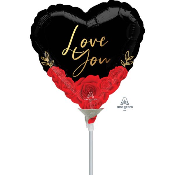Black With Red Roses Love You Heart Foil Balloon On A Stick - 23cm