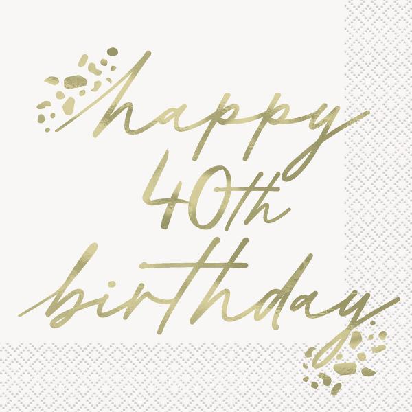 16 Pack Gold Happy 40th Birthday Lunch Napkins