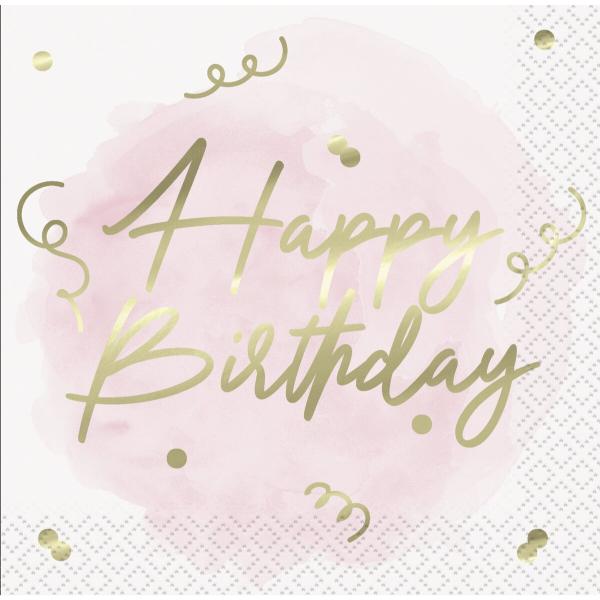 16 Pack Blush Foiled Happy Birthday Lunch Napkins