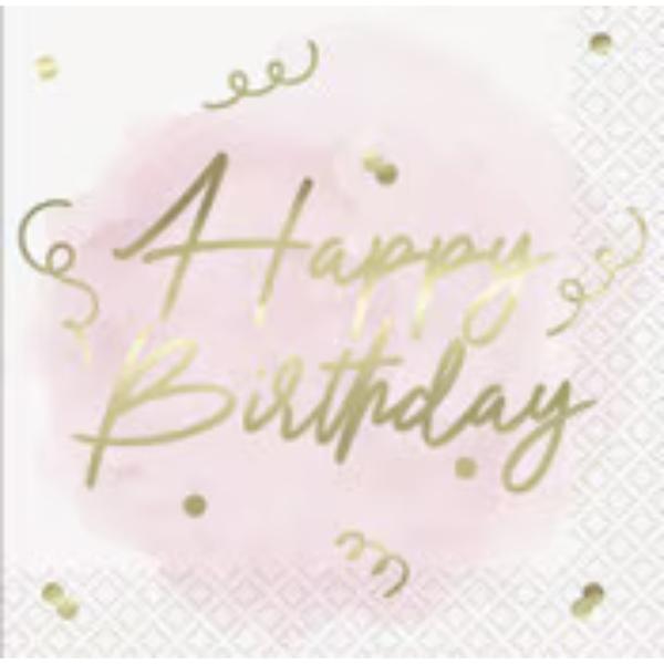 16 Pack Blush Foiled Happy Birthday Beverage Napkins