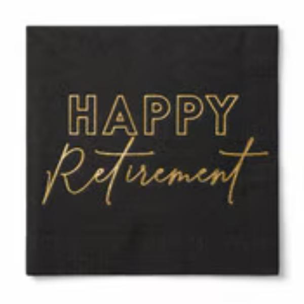 16 Pack Happy Retirement Black & Gold Lunch Napkins