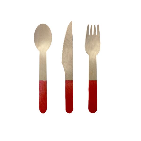 30 Pack Cherry Red Wooden Cutlery Set - 2.5cm x 16cm