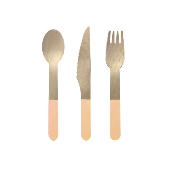 30 Pack Peach Orange Wooden Cutlery Set - 2.5cm x 16cm