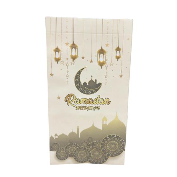 6 Pack White & Gold Ramadan Kraft Paper Bag With Stickers 22cm x 12cm x 8cm