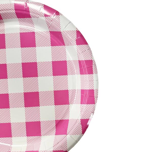 20 Pack Round Pink Gingham Paper Plate - 17cm