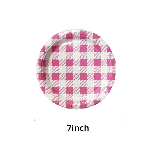 20 Pack Round Pink Gingham Paper Plate - 17cm