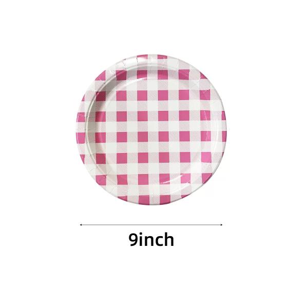 20 Pack Round Pink Gingham Paper Plate - 22cm