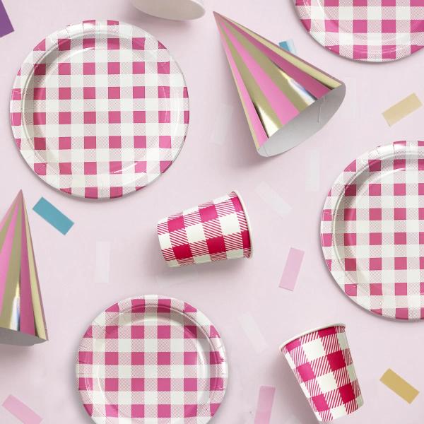 20 Pack Round Pink Gingham Paper Plate - 22cm