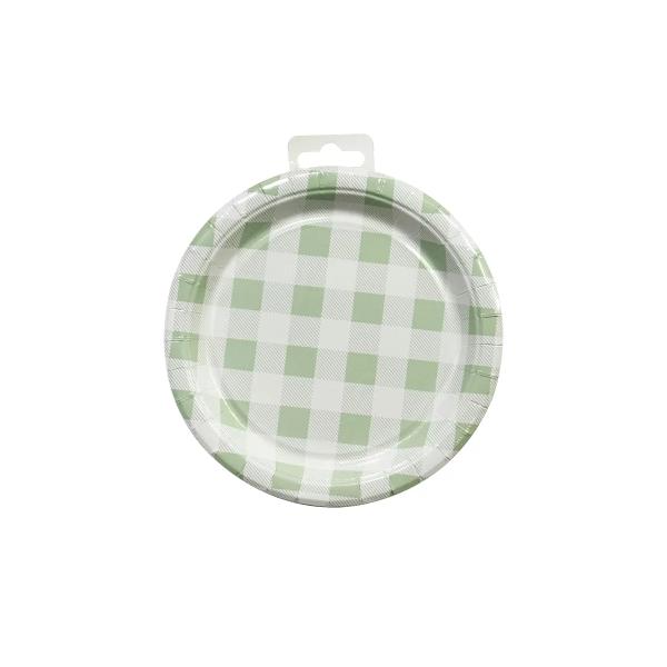 20 Pack Round Green Gingham Paper Plate - 17cm