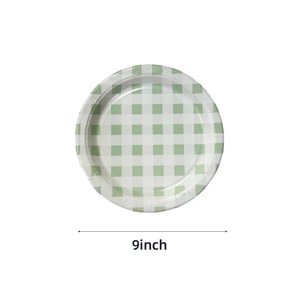 20 Pack Round Green Gingham Paper Plate - 22cm