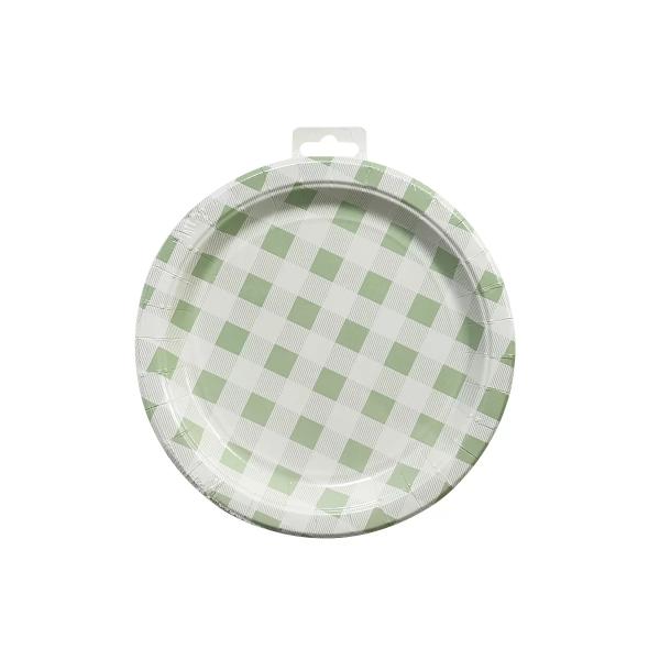 20 Pack Round Green Gingham Paper Plate - 22cm