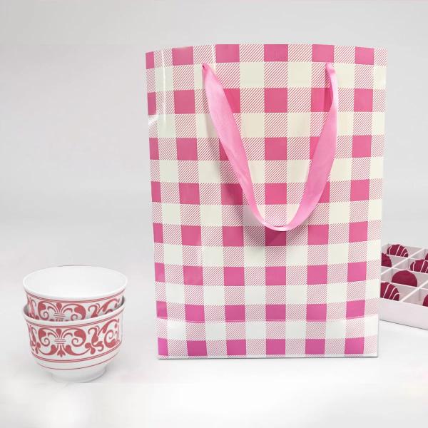 Pink Gingham Paper Bag - 25cm x 10cm x 33cm