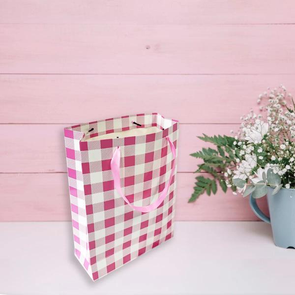 Pink Gingham Paper Bag - 25cm x 10cm x 33cm